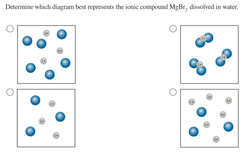 Determine which diagram best represents the ionic compound MgBr, dissolved in water.
2+
2+
2+
2+
2+
2+
2+
2+
2+
2+
2+
