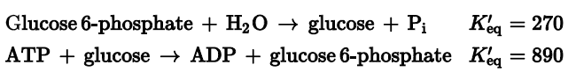 Keg = 270
ATP + glucose → ADP + glucose 6-phosphate Keq = 890
Glucose 6-phosphate + H20 → glucose + Pi
