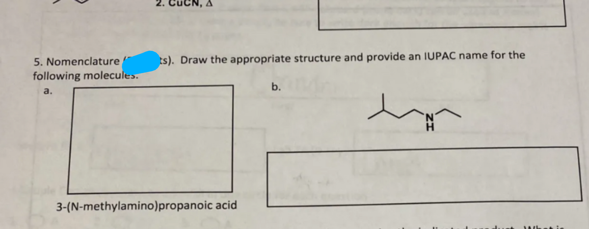 5. Nomenclature
following molecules.
a.
2. Cu
ts). Draw the appropriate structure and provide an IUPAC name for the
3-(N-methylamino)propanoic acid
b.
m
'N
H