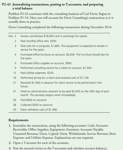 P2-43 Journalizing transactions, posting to T-accounts, and preparing
a trial balance
Problem P2-43 continues with the consulting business of Carl Davis, begun in
Problem P1-54. Here you will account for Davis Consulting's transactions as it is
actually done in practice.
Davis Consulting completed the following transactions during December 2014:
Dec. 2 Owner contributed $18,000 cash in exchange for capital.
2 Paid monthly office rent, $550.
3 Paid cash for a computer, $1,800. This equipment is expected to remain in
service for five years.
Purchased office furniture on account, $4,200. The furniture should last for
five years.
4
5 Purchased office supplies on account, $900.
9
Performed consulting service for a dient on account, $1,500.
Paid utilities expenses, $250.
12
18
Performed service for a client and received cash of $1,100.
Received $1,400 in advance for client service to be performed in the
future.
21
Hired an administrative assistant to be paid $2,055 on the 20th day of each
month. The secretary begins work immediately.
21
26
Paid $400 on account.
28 Collected $300 on account.
30 Davis withdrew cash of $1,400.
Requirements
1. Journalize the transactions, using the following accounts: Cash; Accounts
Receivable; Office Supplies; Equipment; Furniture; Accounts Payable;
Unearned Revenue; Davis, Capital; Davis, Withdrawals; Service Revenue; Rent
Expense; and Utilities Expense. Explanations are not required.
2. Open a T-account for each of the accounts.
3. Post the journal entries to the T-accounts and calculate account balances.
