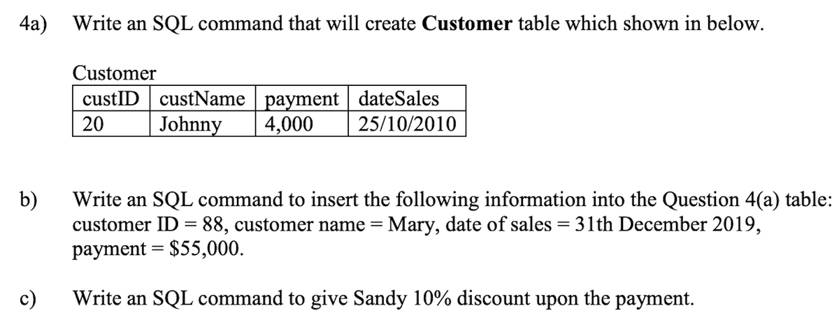 4a) Write an SQL command that will create Customer table which shown in below.
Customer
custID | custName | payment | dateSales
4,000
20
Johnny
25/10/2010
Write an SQL command to insert the following information into the Question 4(a) table:
b)
customer ID = 88, customer name = Mary, date of sales = 31th December 2019,
payment = $55,000.
c)
Write an SQL command to give Sandy 10% discount upon the payment.
