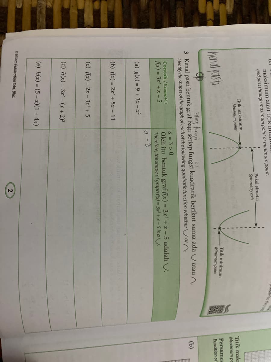 maksimum atau titik flIII
and pass through maximum point or minimum point.
UIDila to the y o
Paksi simetri
Symmetry axis
3D
Titik maksimum
Maximum point
Titik maks
Maximum po
henal pasti
Titik minimum
Minimum point
Persamaa
Equation of
Saing fungri
3 Kenal pasti bentuk graf bagi setiap fungsi kuadratik berikut sama ada U atau n.
Identify the shapes of the graph of each of the following quadratic function whether or .
(b)
a = 3 > 0
Oleh itu, bentuk graf f(x) = 3x? + x- 5 adalah U.
Therefore, the shape of graph f(x) = 3x² + x-5 is a.
Contoh /Example:
f(x) = 3x2 + x - 5
9= 3
(a) g(x) = 9 + 3x – x²
(b) f(x) = 2x² + 5x - 11
(c) f(x) = 2x - 3x2 + 5
(d) h(x) = 3x2 – (x + 2)²
(e) h(x) = (5 – x)(1 + 4x)
O Nilam Publication Sdn. Bhd.
