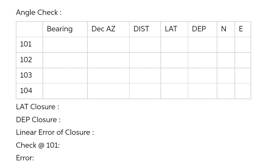 Angle Check:
101
102
103
104
Bearing
Dec AZ
LAT Closure:
DEP Closure:
Linear Error of Closure:
Check @ 101:
Error:
DIST LAT
DEP
NE