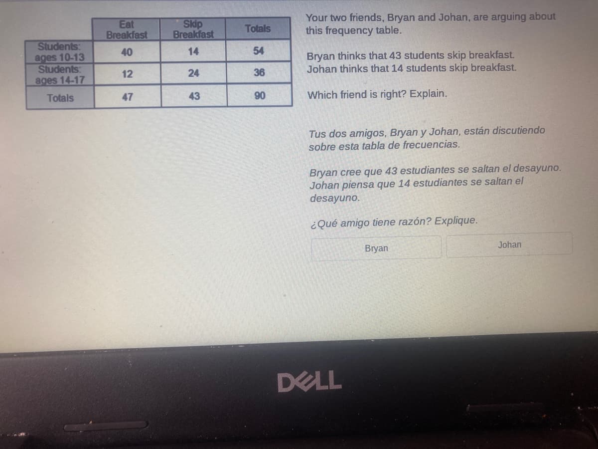 Eat
Breakfast
Skip
Breakfast
Your two friends, Bryan and Johan, are arguing about
this frequency table.
Totals
Students:
40
14
54
ages 10-13
Students:
ages 14-17
Bryan thinks that 43 students skip breakfast.
Johan thinks that 14 students skip breakfast.
12
24
36
Totals
47
43
90
Which friend is right? Explain.
Tus dos amigos, Bryan y Johan, están discutiendo
sobre esta tabla de frecuencias.
Bryan cree qgue 43 estudiantes se saltan el desayuno.
Johan piensa que 14 estudiantes se saltan el
desayuno.
¿Qué amigo tiene razón? Explique.
Johan
Bryan
DELL
