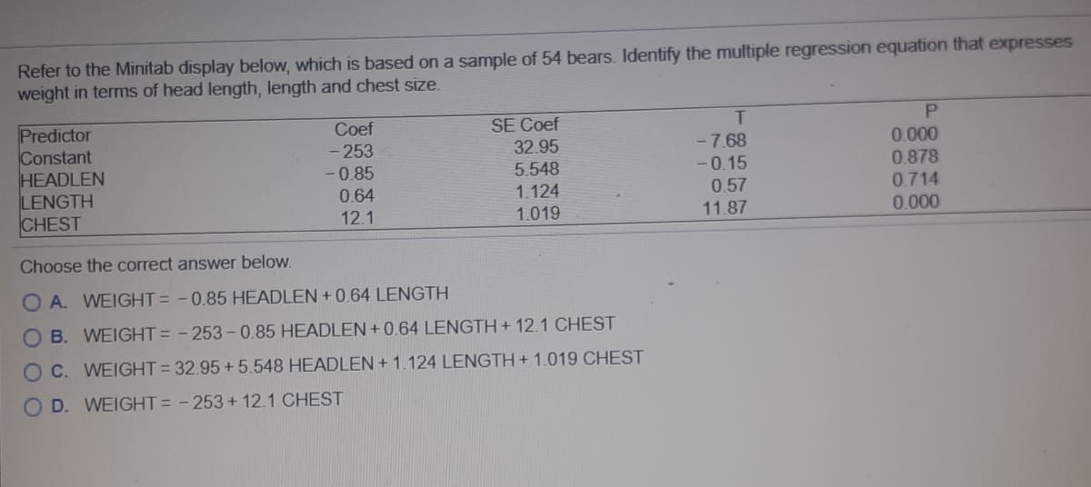 Refer to the Minitab display below, which is based on a sample of 54 bears. Identify the multiple regression equation that expresses
weight in terms of head length, length and chest size.
莊
P.
Predictor
Constant
HEADLEN
LENGTH
CHEST
SE Coef
32.95
5.548
Coef
- 253
-7.68
0.000
0.878
-0.15
0.57
-0.85
0.64
1.124
0.714
12.1
1.019
11.87
0.000
Choose the correct answer below.
O A. WEIGHT= -0.85 HEADLEN + 0.64 LENGTH
O B. WEIGHT= - 253- 0.85 HEADLEN + 0.64 LENGTH+ 12.1 CHEST
O C. WEIGHT = 32.95 +5.548 HEADLEN + 1.124 LENGTH + 1.019 CHEST
O D. WEIGHT= - 253+ 12.1 CHEST

