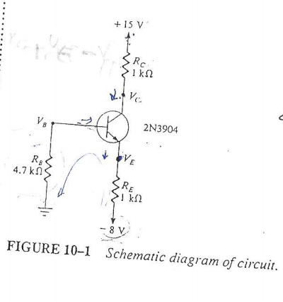 + 15 V
Rc.
1 kn
Ve.
2N3904
R
4.7 kn
E
RE
-8 V
FIGURE 10-1 Schematic diagram of circuit.
