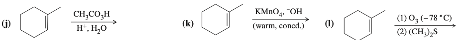 CH,CO,H
KMNO4, ¯OH
(1) O3 (-78 °C)
(2) (CH3),S
(G)
H*, H,O
(k)
(warm, concd.)
(1)
