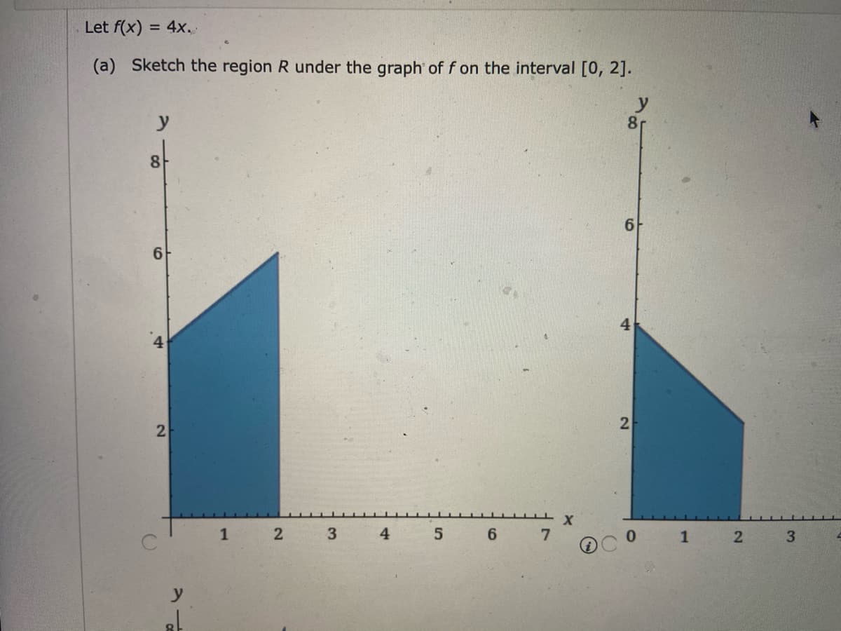 Let f(x) = 4x.
%3D
(a) Sketch the region R under the graph of f on the interval [0, 2].
y
81
8
6
2
4
6.
3
y
