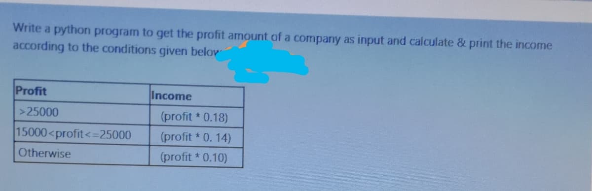 Write a python program to get the profit amount of a company as input and calculate & print the income
according to the conditions given belov
Profit
Income
>25000
(profit * 0.18)
15000<profit<=25000
(profit * 0. 14)
Otherwise
(profit * 0.10)
