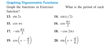 Graphing Trigonometric Functions
Graph the functions in Exercises
What is the period of each
function?
13. sin 2r
14. sin(x/2)
15. cos TX
16. cos
TX
17. -sin
18. —сos 2тх
19. сos x
20. sin (x +
