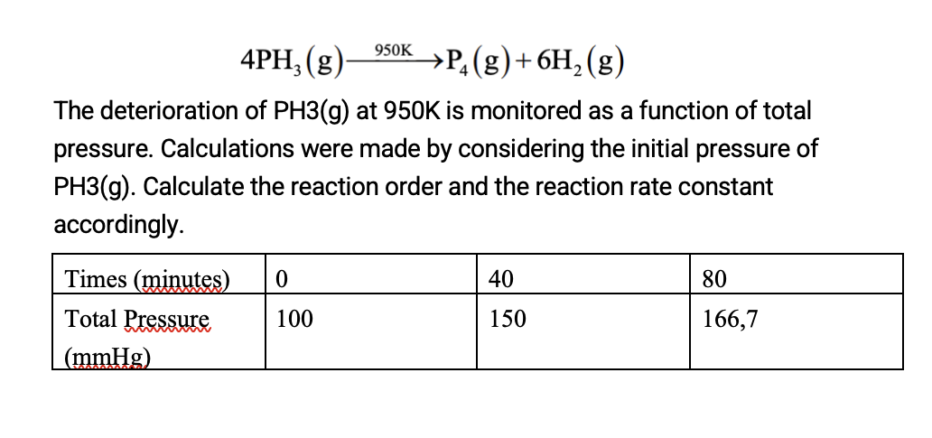 4PH, (g)
950K
→P,(g)+6H,(g)
4
The deterioration of PH3(g) at 950K is monitored as a function of total
pressure. Calculations were made by considering the initial pressure of
PH3(g). Calculate the reaction order and the reaction rate constant
accordingly.
Times (minutes)
40
80
Total Pressure
100
150
166,7
(mmHg)
