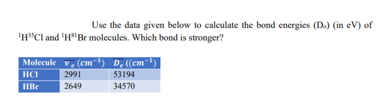 Use the data given below to calculate the bond energies (Do) (in eV) of
'H³°CI and 'H®l Br molecules. Which bond is stronger?
Molecule ve (cm=1) De((cm¯1)
HCI
2991
53194
HBr
2649
34570
