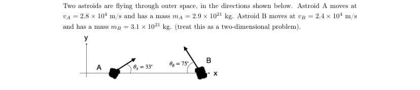 Two astroids are flying through outer space, in the directions shown below. Astroid A moves at
VA = 2.8 x 104 m/s and has a mass mA =
2.9 x 1021 kg. Astroid B moves at vg = 2.4 x 104 m/s
and has a mass mB = 3.1 x 1021 kg. (treat this as a two-dimensional problem).
y
O = 75
A
)O = 33
