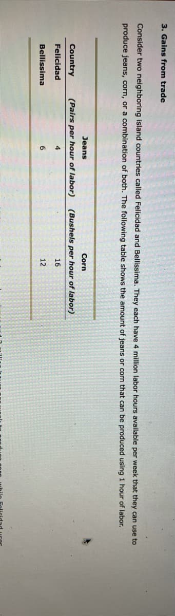 3. Gains from trade
Consider two neighboring island countries called Felicidad and Bellissima. They each have 4 million labor hours available per week that they can use to
produce jeans, corn, or a combination of both. The following table shows the amount of jeans or corn that can be produced using 1 hour of labor.
Jeans
Corn
Country
(Pairs per hour of labor)
(Bushels per hour of labor)
Felicidad
4
16
Bellissima
6
12
