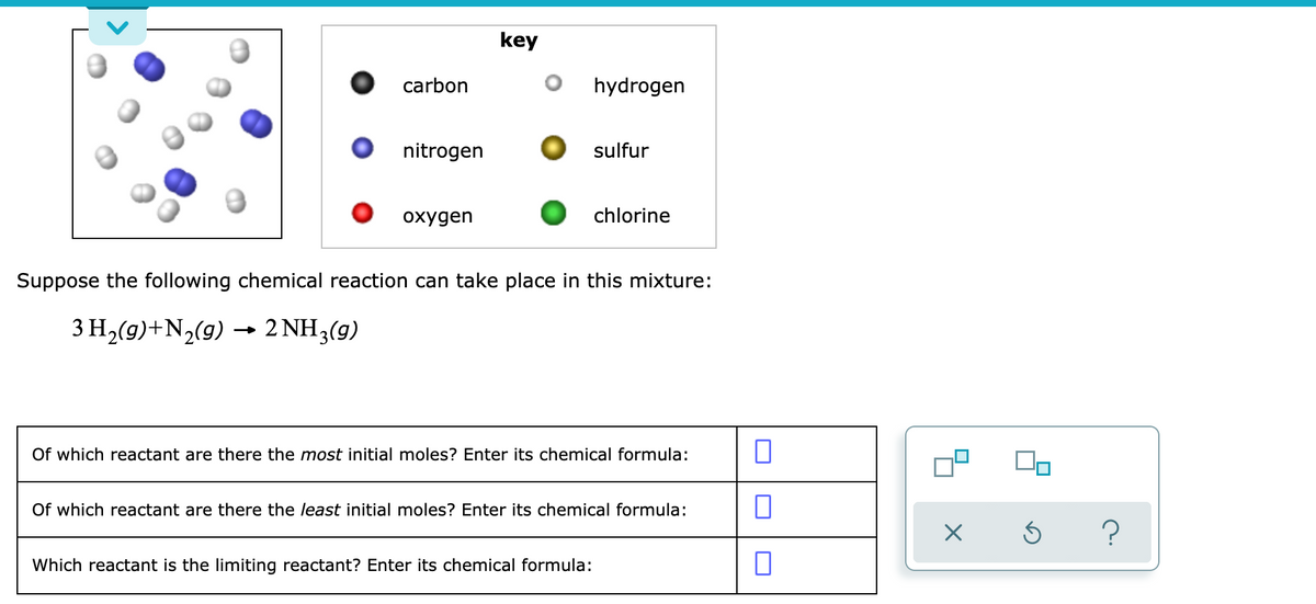 key
carbon
hydrogen
nitrogen
sulfur
охудen
chlorine
Suppose the following chemical reaction can take place in this mixture:
3 H2(9)+N2(9) → 2 NH3(g)
Of which reactant are there the most initial moles? Enter its chemical formula:
Of which reactant are there the least initial moles? Enter its chemical formula:
Which reactant is the limiting reactant? Enter its chemical formula:
