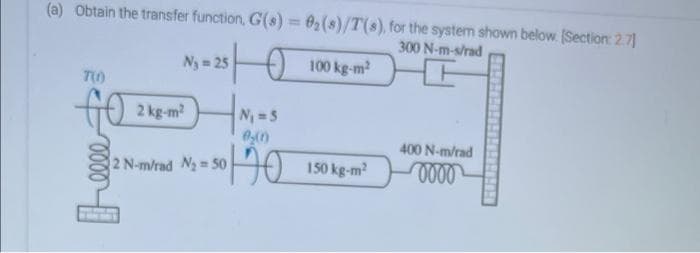(a) Obtain the transfer function, G(s) 02(s)/T(s), for the system shown below. [Section: 2.71
300 N-m-s/rad
Ny 25
100 kg-m2
T0
2 kg-m
N 5
400 N-m/rad
2 N-m/rad N = 50
150 kg-m?
