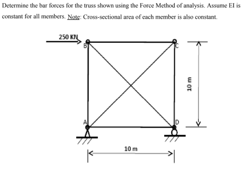 Determine the bar forces for the truss shown using the Force Method of analysis. Assume EI is
constant for all members. Note: Cross-sectional area of each member is also constant.
250 KN
10 m
w ot

