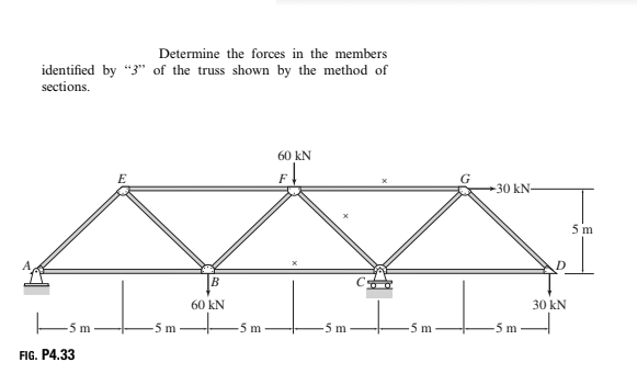 Determine the forces in the members
identified by "3" of the truss shown by the method of
sections.
60 kN
E
F
30 kN-
5 m
B
60 kN
30 kN
m
5 m
5m
5 m
5 m
-5 m
FIG. P4.33
