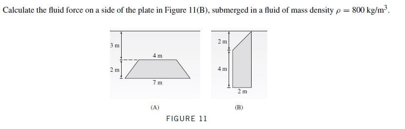 Calculate the fluid force on a side of the plate in Figure 11(B), submerged in a fluid of mass density p = 800 kg/m³.
2 m
3 m
4 m
4 m
2 m
2 m
(B)
(A)
FIGURE 11
