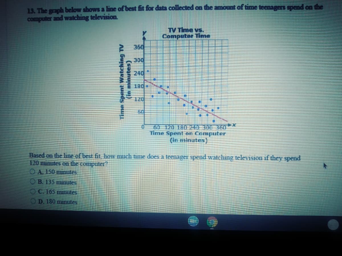 13. The graph below shows a line of best fit for data collected on the amount of time teenagers spend on the
computer and watching television.
TV Time vs.
Computer Time
360
300
240
180
120
60
60 120 180 240 300 360
Time Spent on Computer
(in minutes)
Based on the line of best fit, how much time does a teenager spend watching television if they spend
120 minutes on the computer?
OA. 150 mnutes
OB. 135 minutes
OC. 165 mnutes
O D. 180 minutes
Time Spent Watching TV
(in minutes)
