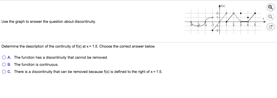 Af(x)
Use the graph to answer the question about discontinuity.
Determine the description of the continuity of f(x) at x = 1.5. Choose the correct answer below.
O A. The function has a discontinuity that cannot be removed
O B. The function is continuous.
O C. There is a discontinuity that can be removed because f(x) is defined to the right of x 1.5
