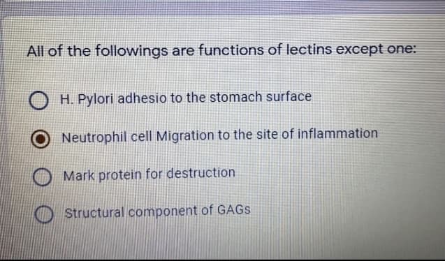 All of the followings are functions of lectins except one:
H. Pylori adhesio to the stomach surface
Neutrophil cell Migration to the site of inflammation
O Mark protein for destruction
O Structural component of GAGS
