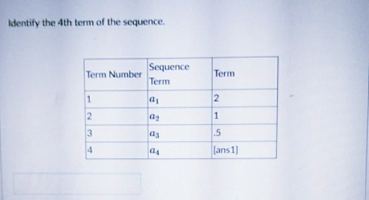 Identify the 4th term of the sequence.
Sequence
Term
Term Number
Term
a1
a2
a3
.5
[ans1]
234
