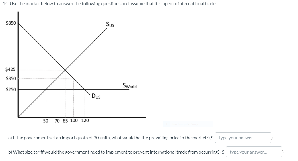 14. Use the market below to answer the following questions and assume that it is open to international trade.
$850
Sus
$425
$350
Sworld
$250
Dus
50
70 85 100 120
a) If the government set an import quota of 30 units, what would be the prevailing price in the market? ($ type your answer.
b) What size tariff would the government need to implement to prevent international trade from occurring? ($ type your answer.
