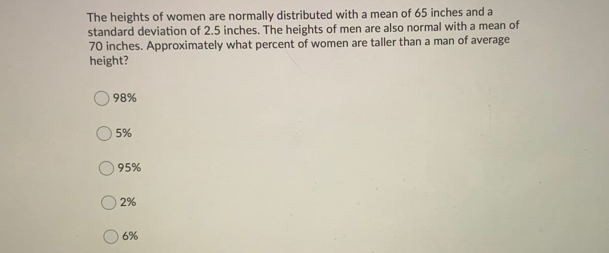 The heights of women are normally distributed with a mean of 65 inches and a
standard deviation of 2.5 inches. The heights of men are also normal with a mean of
70 inches. Approximately what percent of women are taller than a man of average
height?
O 98%
O 5%
O 95%
O 2%
6%
