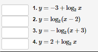 1. y = -3+ log, I
2. y = log, (r – 2)
3. y = - log, (z + 3)
4. y = 2+ log, z

