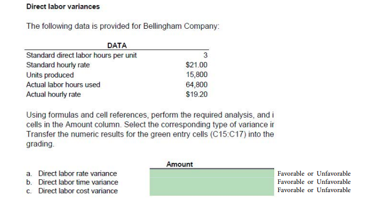 Direct labor variances
The following data is provided for Bellingham Company:
DATA
Standard direct labor hours per unit
Standard hourly rate
3
$21.00
15,800
64,800
$19.20
Units produced
Actual labor hours used
Actual hourly rate
Using formulas and cell references, perform the required analysis, and i
cells in the Amount column. Select the corresponding type of variance ir
Transfer the numeric results for the green entry cells (C15:C17) into the
grading.
Amount
a. Direct labor rate variance
b. Direct labor time variance
c. Direct labor cost variance
Favorable or Unfavorable
Favorable or Unfavorable
Favorable or Unfavorable
