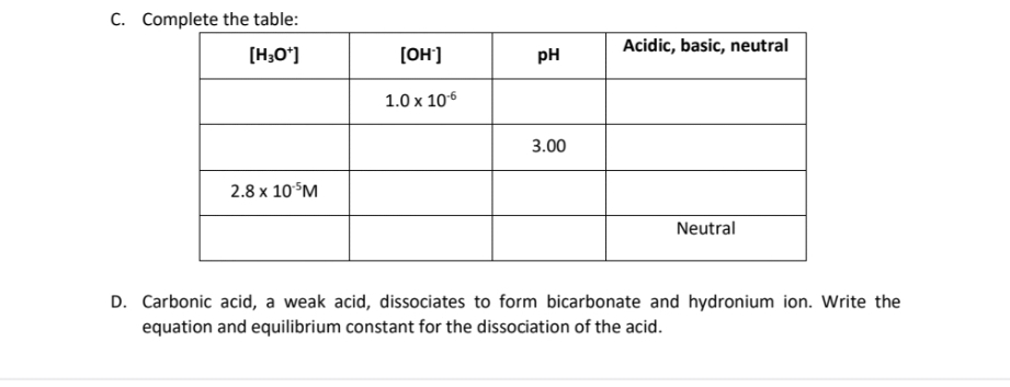 C. Complete the table:
Acidic, basic, neutral
[H;O']
[OH]
pH
1.0 x 106
3.00
2.8 x 10°M
Neutral
D. Carbonic acid, a weak acid, dissociates to form bicarbonate and hydronium ion. Write the
equation and equilibrium constant for the dissociation of the acid.
