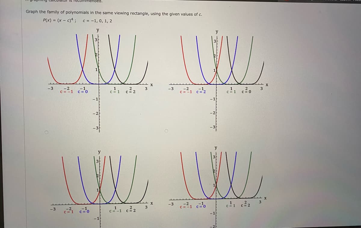 Graph the family of polynomials in the same viewing rectangle, using the given values of c.
P(x) = (x - c)4 ;
C = -1, 0, 1, 2
y
y
-3 c=21 c2
-3
c=21 c=0
c1 c?2
c1 c20
3
-3 c=21 co
c1 c22
-3 co
c1 c22
