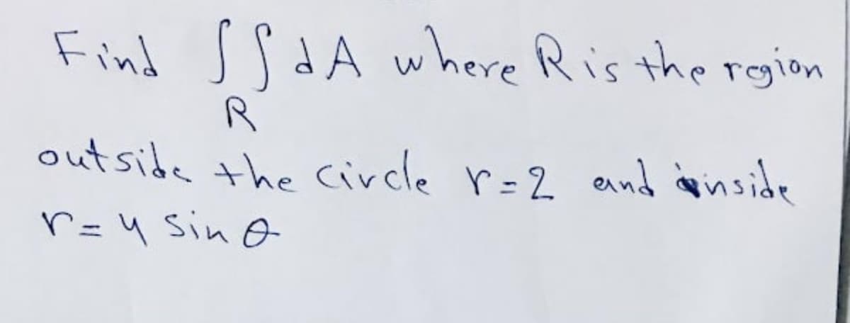 Find sSdA where Ris the rgion
outside the Circle r=2 end anside
r =4 sin o
%3D
