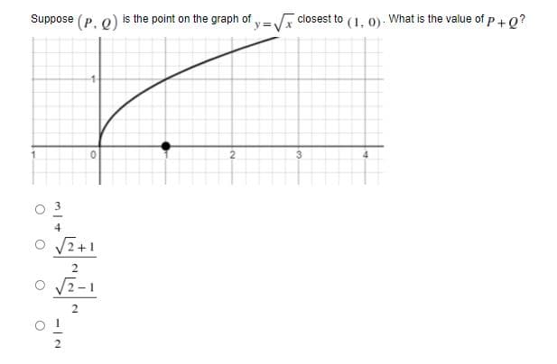Suppose
(P. Q)
is the point on the graph of
y =
What is the value of p+Q?
closest to
(1, 0):
3
VZ+1
