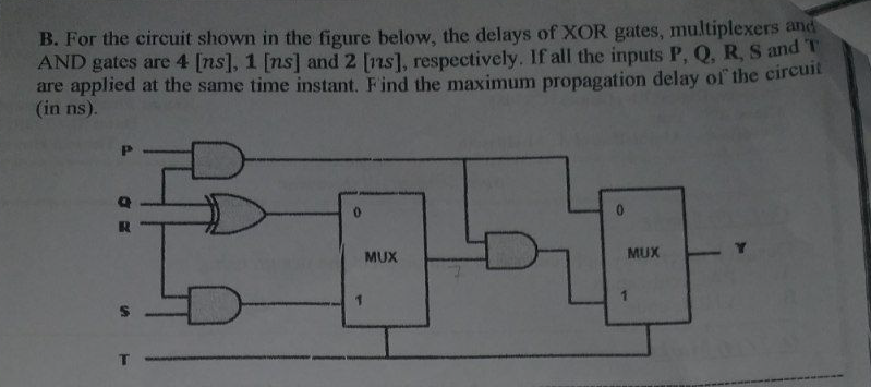 B. For the circuit shown in the figure below, the delays of XOR gates, multiplexers and
AND gates are 4 [ns], 1 [ns] and 2 [1ns], respectively. If all the inputs P, Q, R, S and T
are applied at the same time instant. Find the maximum propagation delay of the circuit
(in ns).
MUX
MUX
%24
