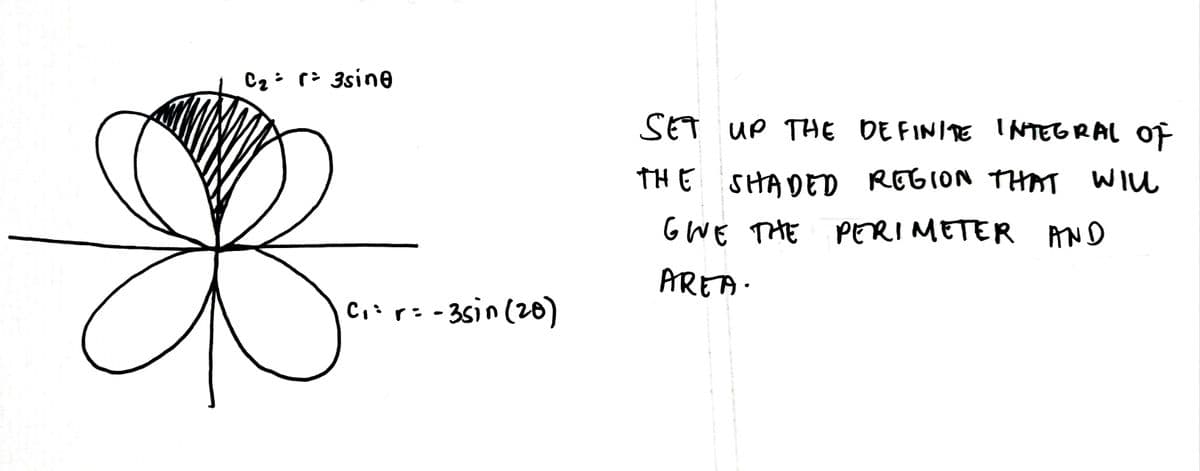 Cz: r: 3sine
SET UP THE DE FINITE INTEGRAL OF
TH E SHADED REGION TAT WIL
GWE THE PERIMETER AND
AREA.
C, r: - 35in (20)
