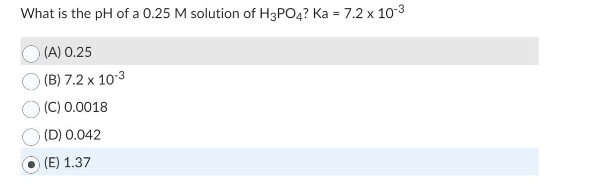 What is the pH of a 0.25 M solution of H3PO4? Ka = 7.2 x 10-³
(A) 0.25
(B) 7.2 x 10-3
(C) 0.0018
(D) 0.042
(E) 1.37