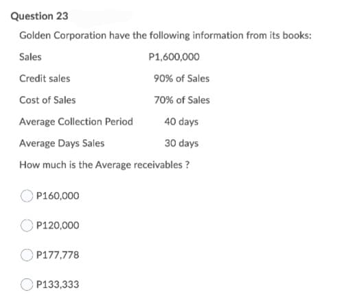 Question 23
Golden Corporation have the following information from its books:
Sales
P1,600,000
Credit sales
90% of Sales
Cost of Sales
70% of Sales
Average Collection Period
40 days
Average Days Sales
30 days
How much is the Average receivables ?
P160,000
P120,000
P177,778
P133,333
