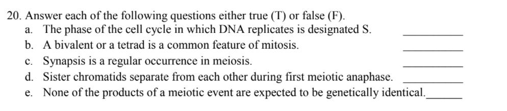 20. Answer each of the following questions either true (T) or false (F).
a. The phase of the cell cycle in which DNA replicates is designated S.
b. A bivalent or a tetrad is a common feature of mitosis.
c. Synapsis is a regular occurrence in meiosis.
d. Sister chromatids separate from each other during first meiotic anaphase.
e. None of the products of a meiotic event are expected to be genetically identical.
