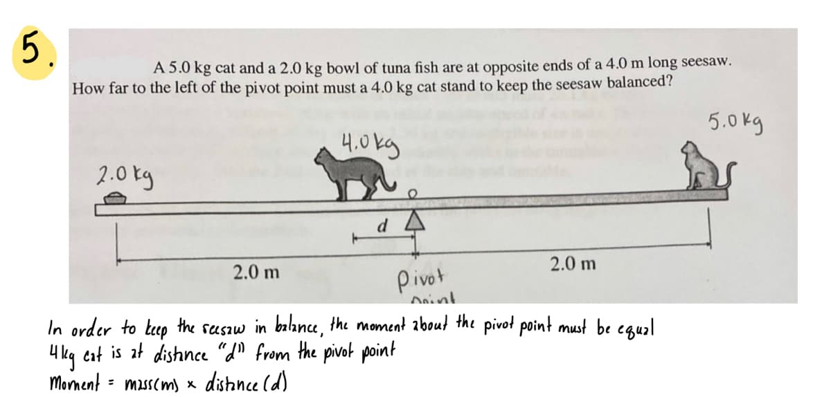 5.
A 5.0 kg cat and a 2.0 kg bowl of tuna fish are at opposite ends of a 4.0 m long seesaw.
How far to the left of the pivot point must a 4.0 kg cat stand to keep the seesaw balanced?
5.0 kg
4.0kg
2.0 kg
d A
2.0 m
2.0 m
Pivot
Anint
In order to tep the susaw in balance, the moment abouł the pivot point must be causl
4 kq cat is zt dishnece "dn from the pivot point
Mornent = masscm) x
distance (d)

