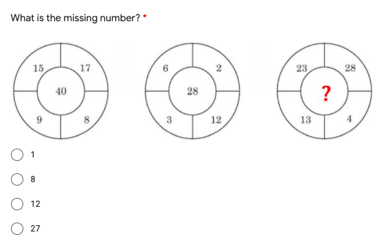 What is the missing number? *
15
17
23
28
?
40
28
9
3
12
13
1
8
12
27
4,
to
