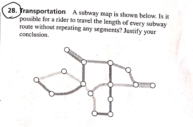 28. Transportation
A subway map is shown below. Is it
possible for a rider to travel the length of every subway
route without repeating any segments? Justify your
conclusion.
O
4000
S