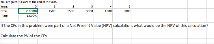 You are given CFs are at the end of the year.
Years:
1
2
3
4
(10000|
CF $s
1500
1500
3000
4500
5000
Rate:
12.00%
If the CFs in this problem were part of a Net Present Value (NPV) calculation, what would be the NPV of this calculation?
Calculate the PV of the CFs
