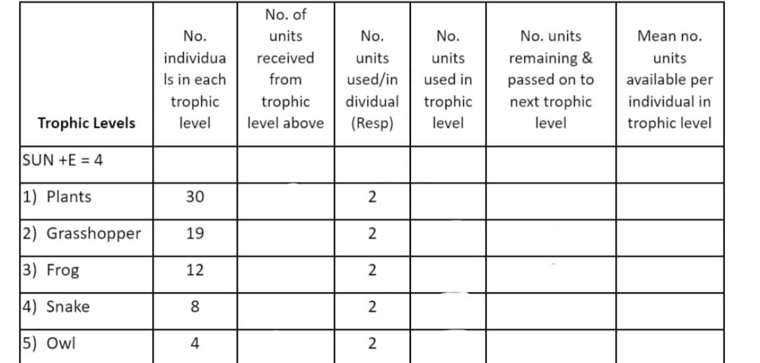 No. of
No.
units
No.
No.
No. units
Mean no.
received
remaining &
passed on to
next trophic
individua
units
units
units
Is in each
from
used/in
used in
available per
trophic
trophic
dividual
trophic
individual in
Trophic Levels
level
level above
(Resp)
level
level
trophic level
SUN +E = 4
1) Plants
30
2
|2) Grasshopper
19
2
3) Frog
12
2
4) Snake
8
5) Owl
