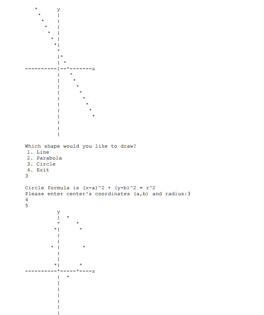 Which shape would you like to draw?
1. Line
2. Parabola
3. Circle
4. Exit
3
Circle formula is (x-a) ^2 + (y-b)^2 = r^2
Please enter center's coordinates (a,b) and radius:3
4
5
y
