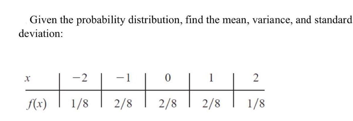 Given the probability distribution, find the mean, variance, and standard
deviation:
-2
-1
1
A(x)
1/8
2/8
2/8
2/8
1/8
