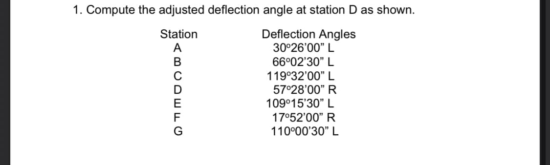 1. Compute the adjusted deflection angle at station D as shown.
Deflection Angles
30°26'00" L
Station
A
66°02'30" L
119°32'00" L
57°28'00" R
109°15'30" L
17°52'00" R
110°00'30" L
