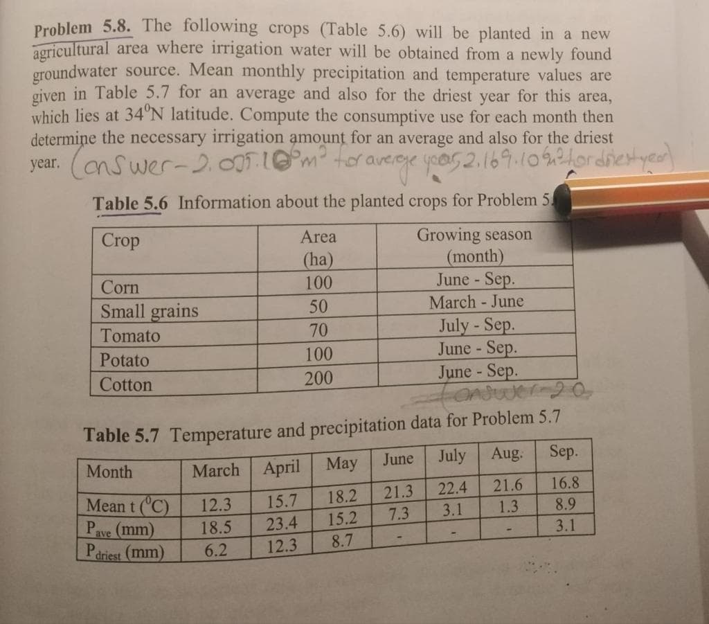 Problem 5.8. The following crops (Table 5.6) will be planted in a new
agricultural area where irrigation water will be obtained from a newly found
groundwater source. Mean monthly precipitation and temperature values are
given in Table 5.7 for an average and also for the driest year for this area,
which lies at 34°N latitude. Compute the consumptive use for each month then
determine the necessary irrigation amount for an average and also for the driest
year. (answer-2.005. 10m³ for avereye yoor5 2.169.109.2 for dilect year)
Table 5.6 Information about the planted crops for Problem 5.
Area
(ha)
Growing season
(month)
June - Sep.
Crop
Corn
100
Small grains
50
March - June
Tomato
70
July-Sep.
Potato
100
June - Sep.
Cotton
200
June - Sep.
answer 20
Table 5.7 Temperature and precipitation data for Problem 5.7
Month
March April May
June
July Aug. Sep.
Mean t (°C)
12.3 15.7
18.2
21.3
22.4
21.6
16.8
Pave (mm)
18.5
23.4
15.2
7.3
3.1
1.3
8.9
Pdriest (mm)
3.1
6.2
12.3
8.7