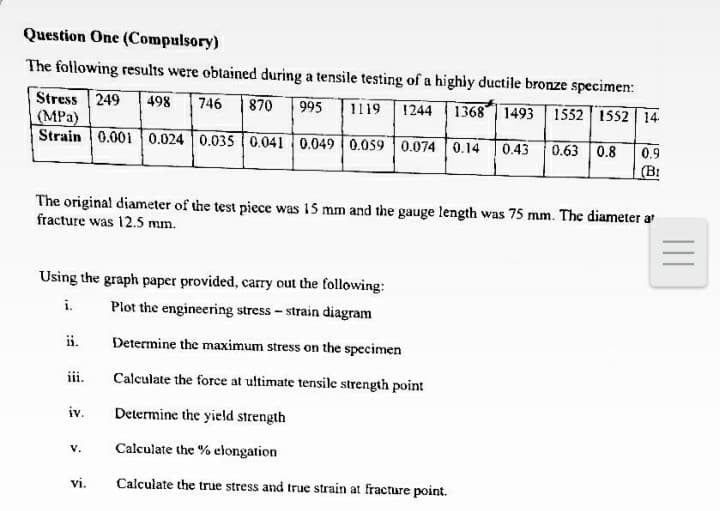 Question One (Compulsory)
The following results were obtained during a tensile testing of a highiy ductile bronze specimen:
Stress 249
(MPa)
Strain 0.001 0.024 0.035 0.041 0.049 0.059 0.074 0.14
498
746
870
995 1119 1244
1368 1493 1552 1552 14
0.43
0.63 0.8
0.9
(B:
The original diameter of the test piece was 15 mm and the gauge length was 75 mm. The diameter a
fracture was 12.5 mm.
Using the graph paper provided, carry out the following:
i.
Plot the engineering stress - strain diagram
ii.
Determine the maximum stress on the specimen
ii.
Calculate the force at ultimate tensile strength point
iv.
Determine the yield strength
Calculate the % elongation
V.
vi.
Calculate the true stress and true strain at fracture point.
